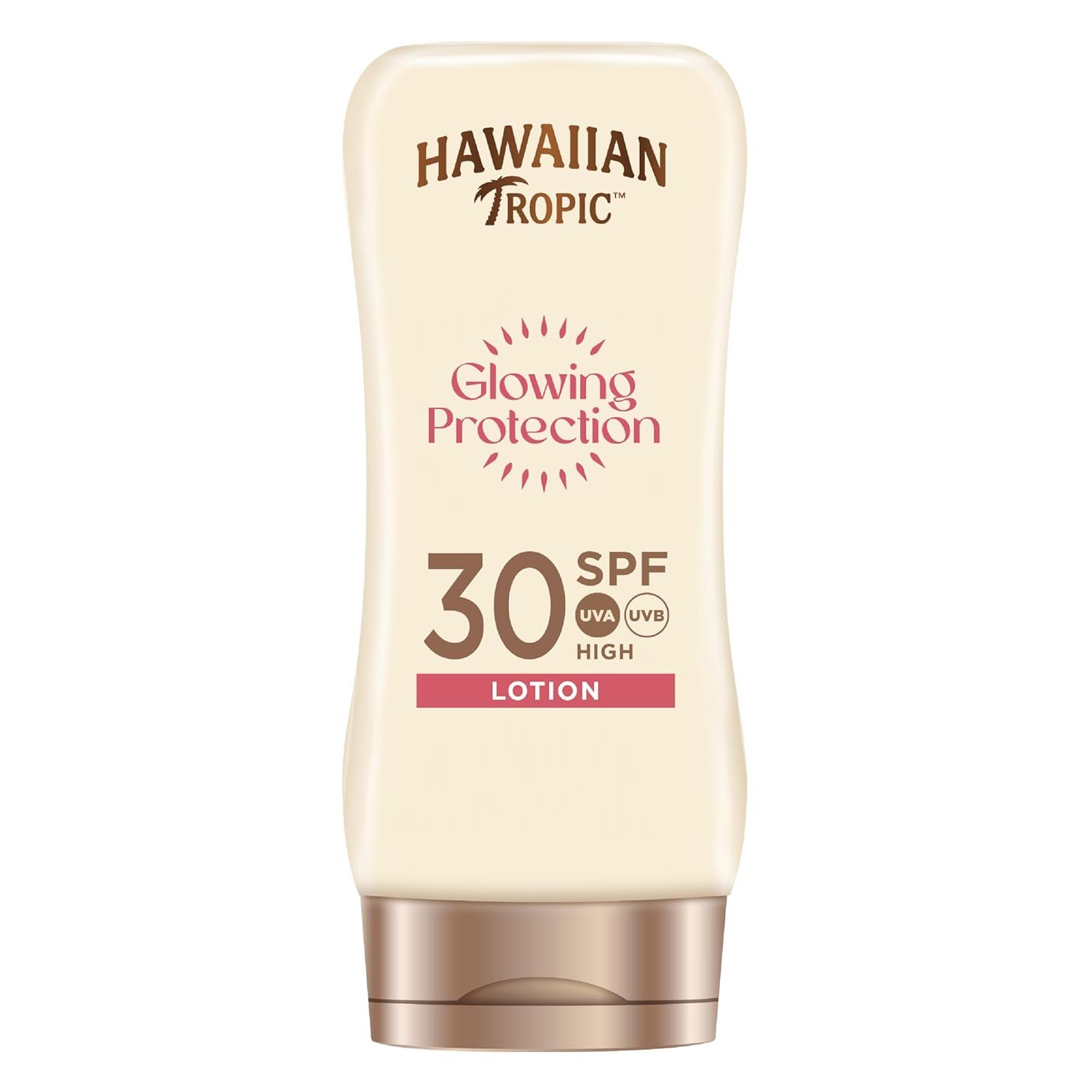 Sonnenlotion mit LSF 30. Marke: Hawaiian Tropic. Aufschrift: Glowing Protection, Lotion. Flasche mit braunem Deckel.