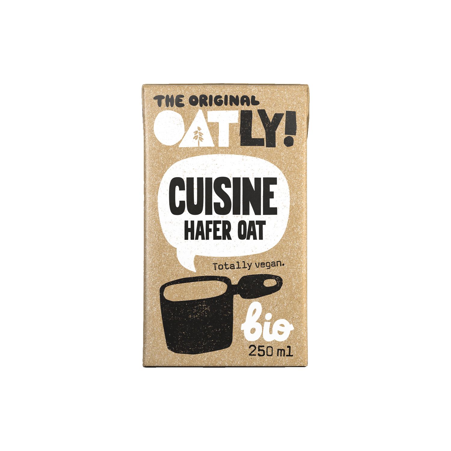 Kartonverpackung von OATLY HAFER-CUISINE. Aufschrift: CUISINE HAFER OAT, bio, 250 ml. Illustration einer Kochpfanne.
