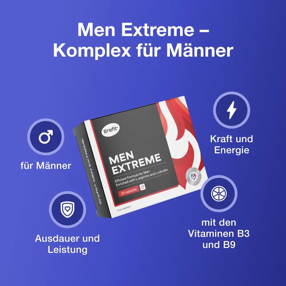 Erefit Men Extreme. Produktverpackung. Text: Men Extreme. Für Männer. Mit Vitaminen B3 und B9.