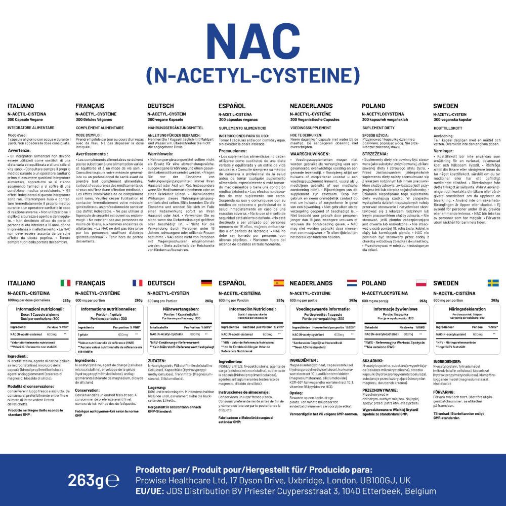 Rückseite der Produktverpackung mit NAC (N-Acetyl-Cystein) Kapseln. Enthält Informationen in verschiedenen Sprachen.