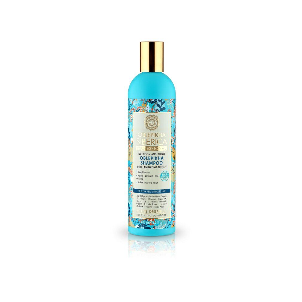 Oblepikha Siberica Shampoo: Blaue Flasche mit floralem Muster, goldener Verschluss. Enthält 400 ml.