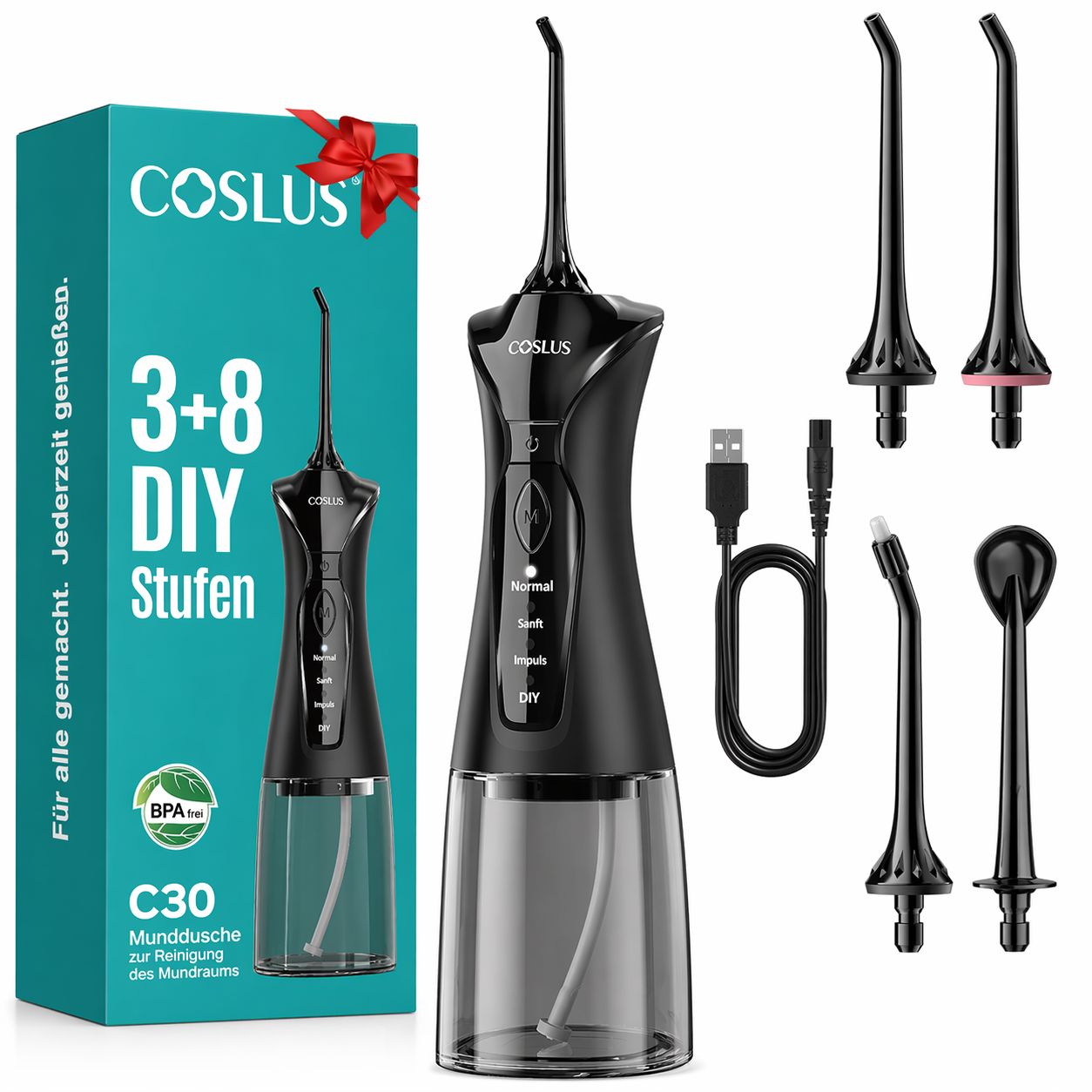 Zahnreiniger-Set. Schwarzes Gerät, Düsen, Ladekabel, Verpackung. Enthält Produktinformationen.