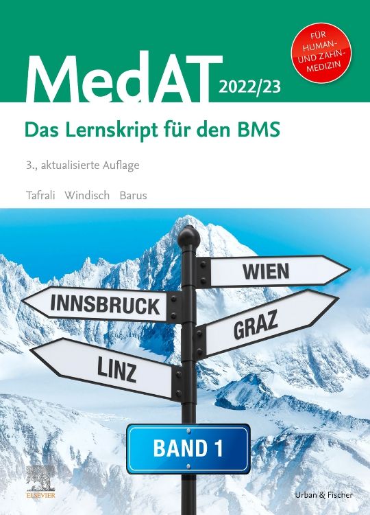 Buchcover: MedAT 2022/23, Band 1. Titel, Autoren, und Verlagslogo sichtbar. Wegweiser mit Städtenamen vor Bergpanorama.
