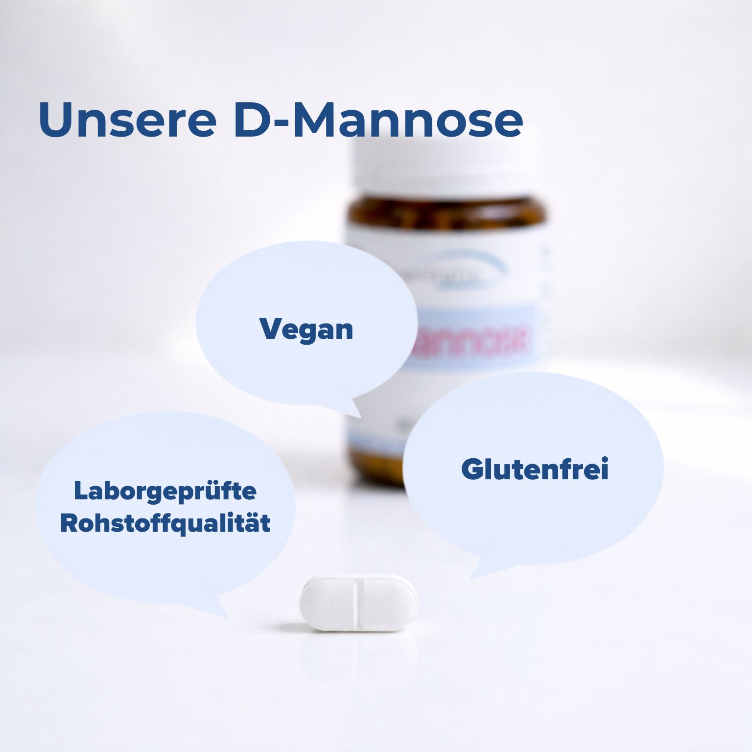 Tablette und Flasche. Text: Vegan, Laborgeprüfte Rohstoffqualität, Glutenfrei.