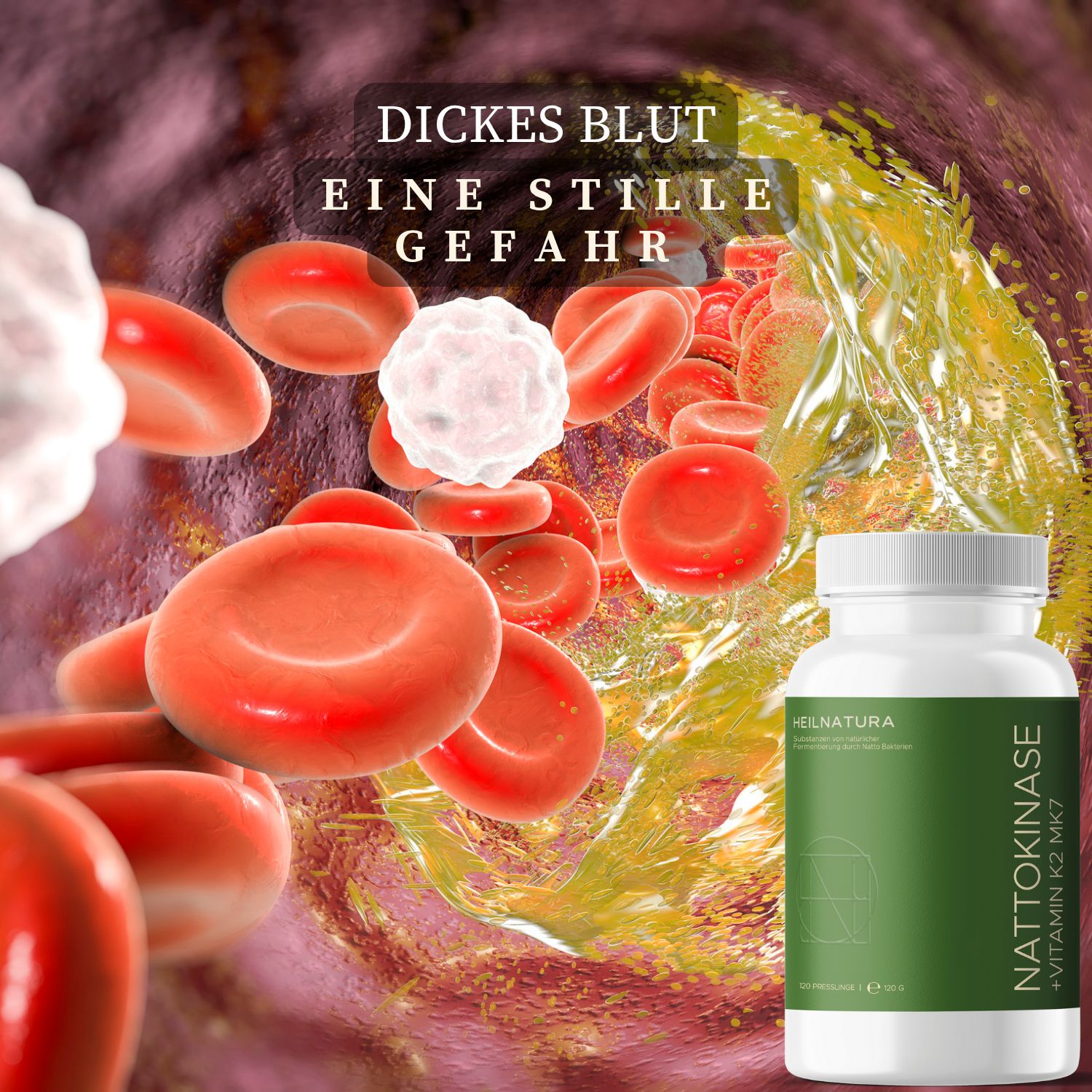 Rote Blutkörperchen und eine weiße Blutzelle im Querschnitt eines Blutgefäßes. Daneben eine Dose Heilnatura Nattokinase.