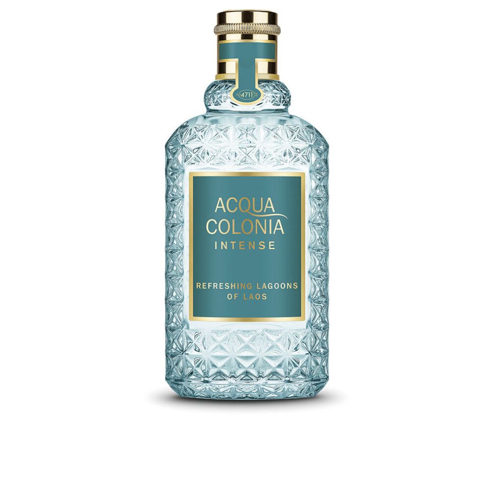 Hellblaues Eau de Cologne mit goldfarbenem Verschluss. Aufschrift: ACQUA COLONIA INTENSE, Refreshing Lagoons of Laos.