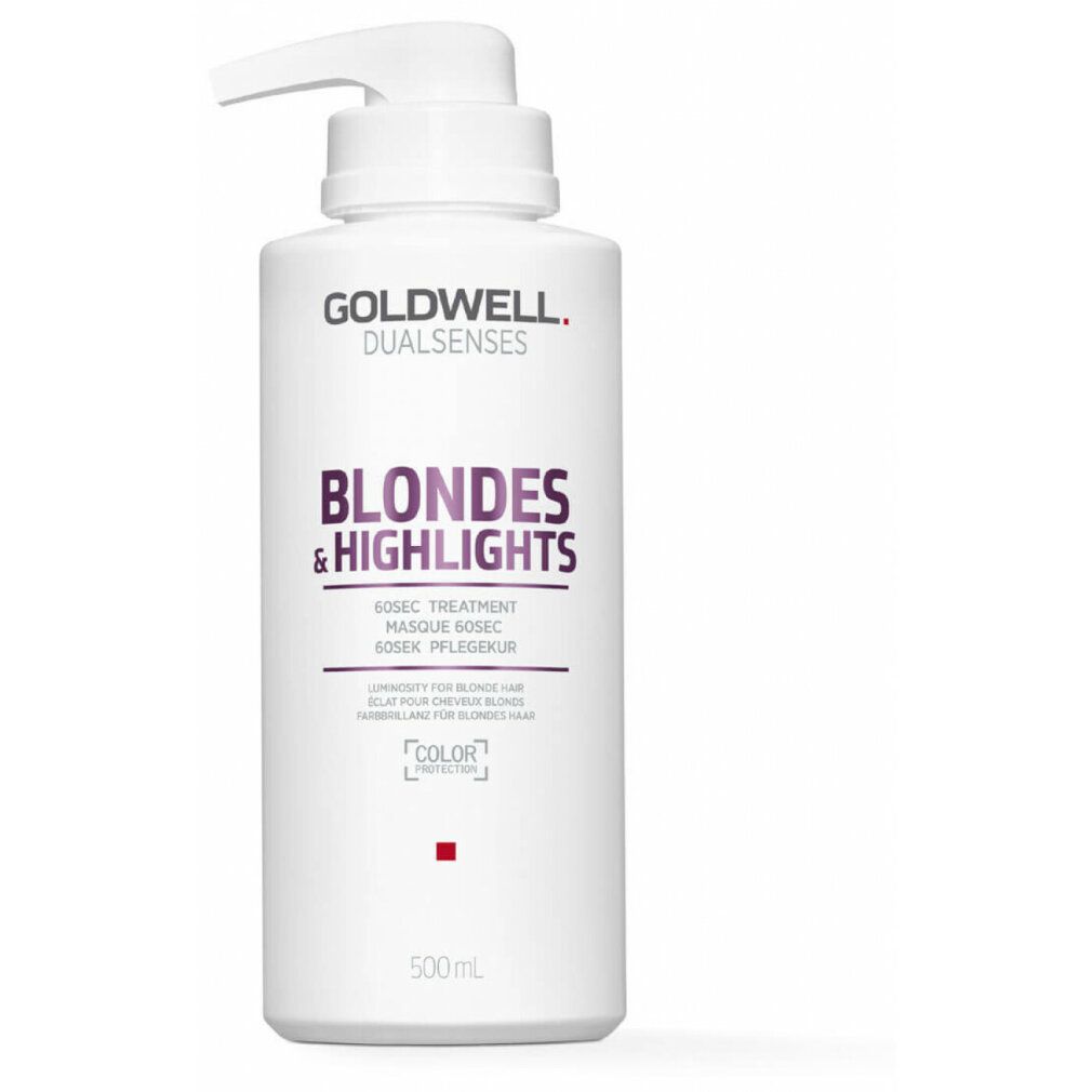 Weißer Spender mit Produkttext. Goldwell Dualsenses Blondes & Highlights Haarmaske. 500ml. Mit Dosierpumpe.