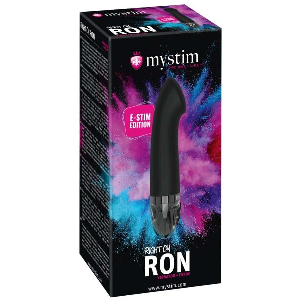 Verpackung von 'Right on Ron' eStim Vibrator. Schwarze Box mit Produktbild und Markenlogo.