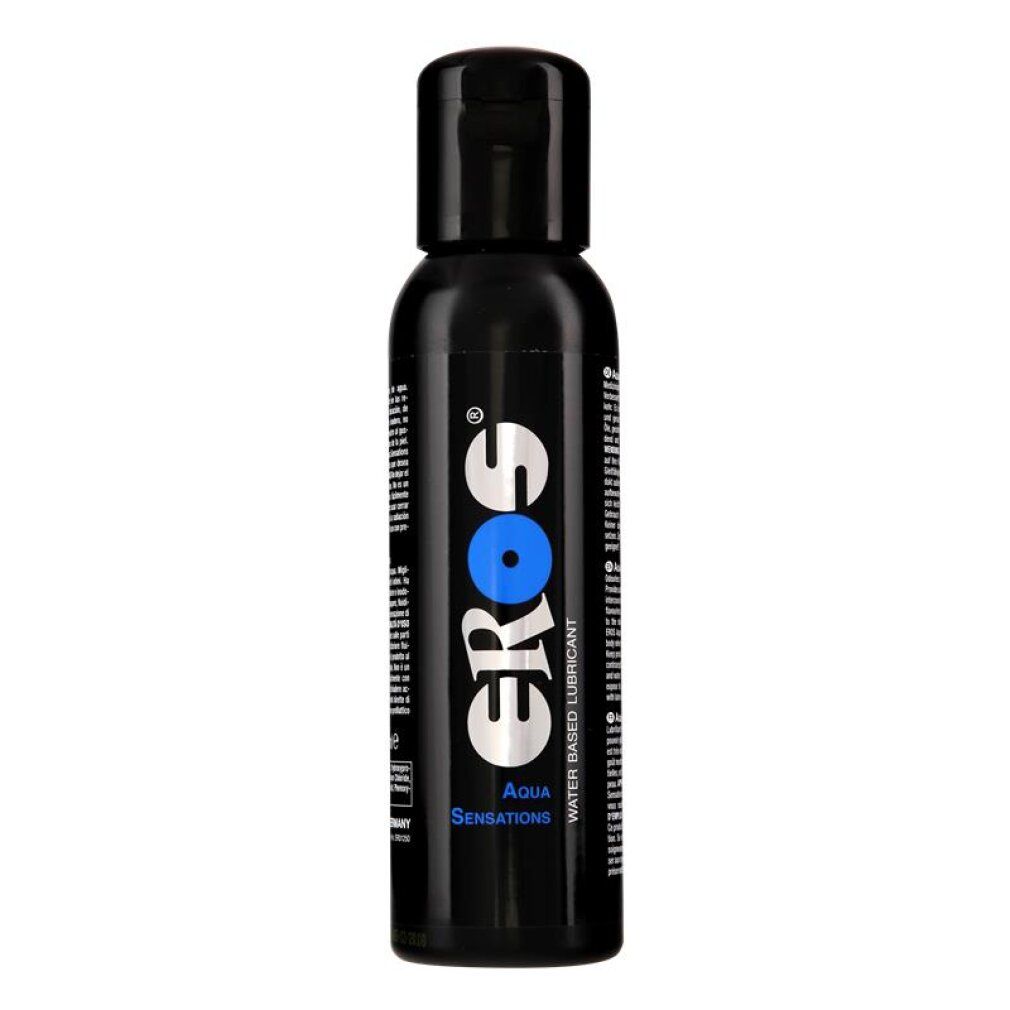 Eros Aqua Sensations Gleitgel auf Wasserbasis in schwarzer Flasche mit Klappdeckel.