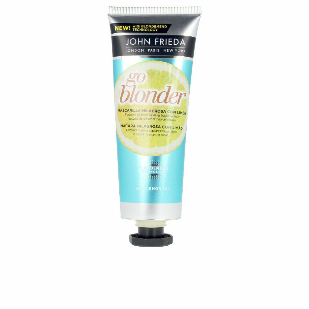 Tube mit John Frieda Go Blonder Haarmaske. Türkis-weißes Design mit Zitrone. Text: Mascarilla Milagrosa con Limón.