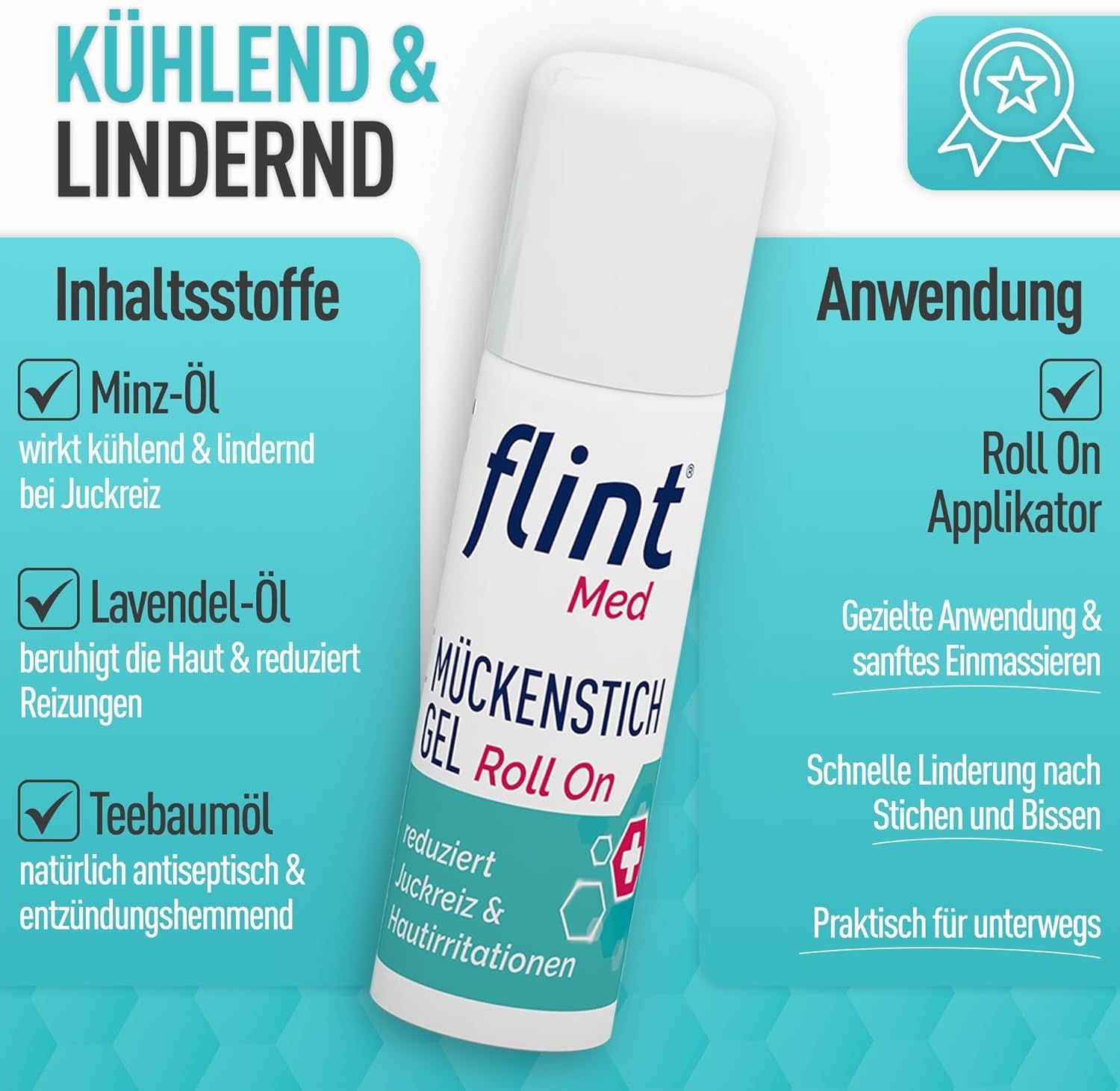 flint Med Mückenstich Gel Roll On. Text: Kühlend & lindernd. Roll On Applikator. Inhaltsstoffe: Minz-Öl, Lavendel-Öl, Teebaumöl.