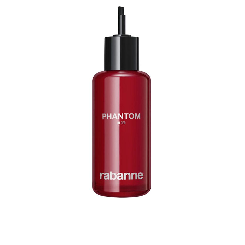 Rabanne Phantom In Red Parfum Flakon. Roter Glasflakon mit schwarzem Verschluss und integriertem Applikator.