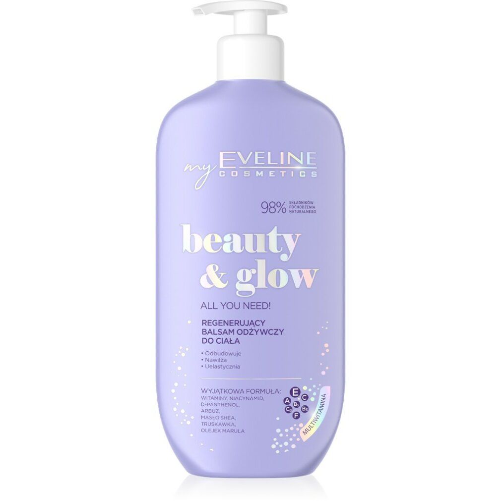 Flasche Körperlotion, lila, mit Pumpe. Aufschrift: Eveline, Beauty & Glow, Regenerierender Balsam.