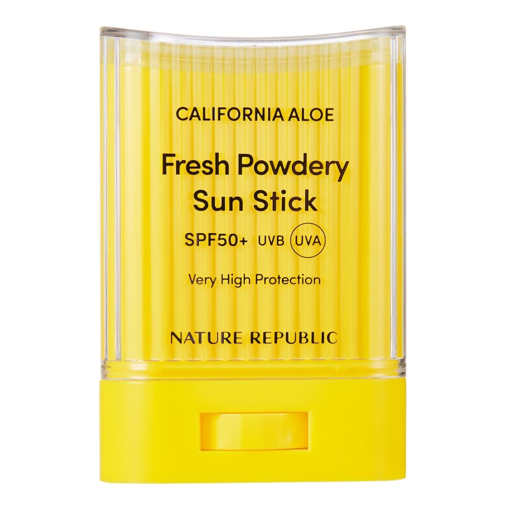 Gelber Sonnenstick mit Text CALIFORNIA ALOE, Fresh Powdery Sun Stick, SPF50+ und NATURE REPUBLIC. Vertikale Streifen.