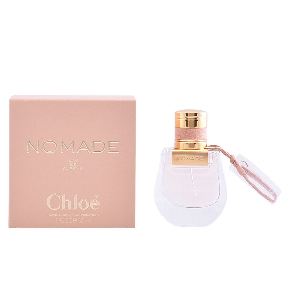Chloé Nomade E.d.P. Nat. Spray. Flakon und Verpackung in Rosa. Goldener Verschluss. Etikett.