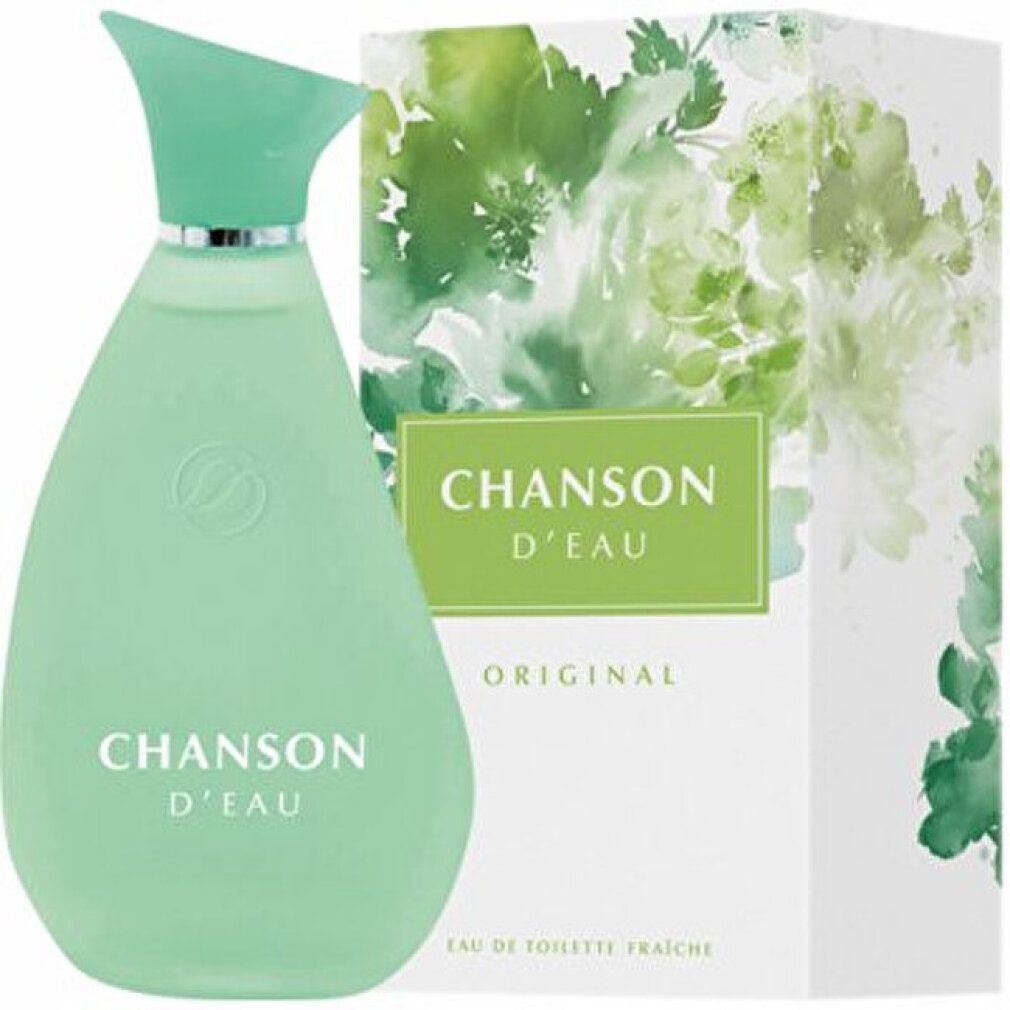 Grüne Flasche und Verpackung. Aufschrift "CHANSON D'EAU ORIGINAL". Verpackung mit Blumen.