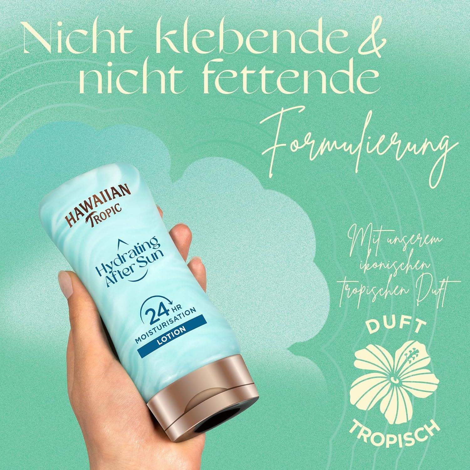 Hawaiian Tropic Hydrating After Sun Lotion. Flasche in Hand. Text: nicht fettend, tropischer Duft, 24h Moisturisation, Lotion.