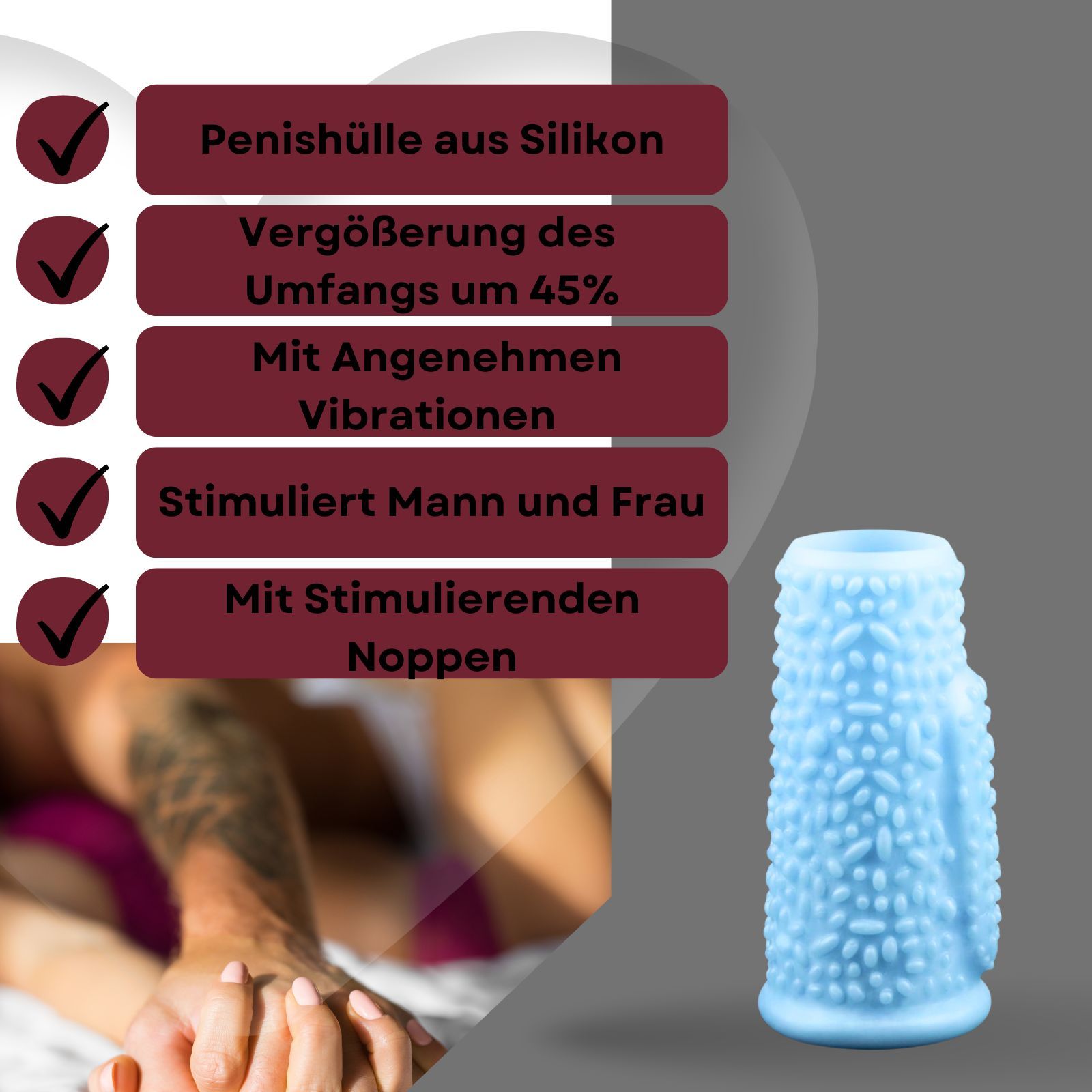 Produktabbildung: Hellblaue Penishülle mit Noppen. Textbox mit Produktmerkmalen: Silikon, Umfangvergrößerung, Vibration, Stimulation.