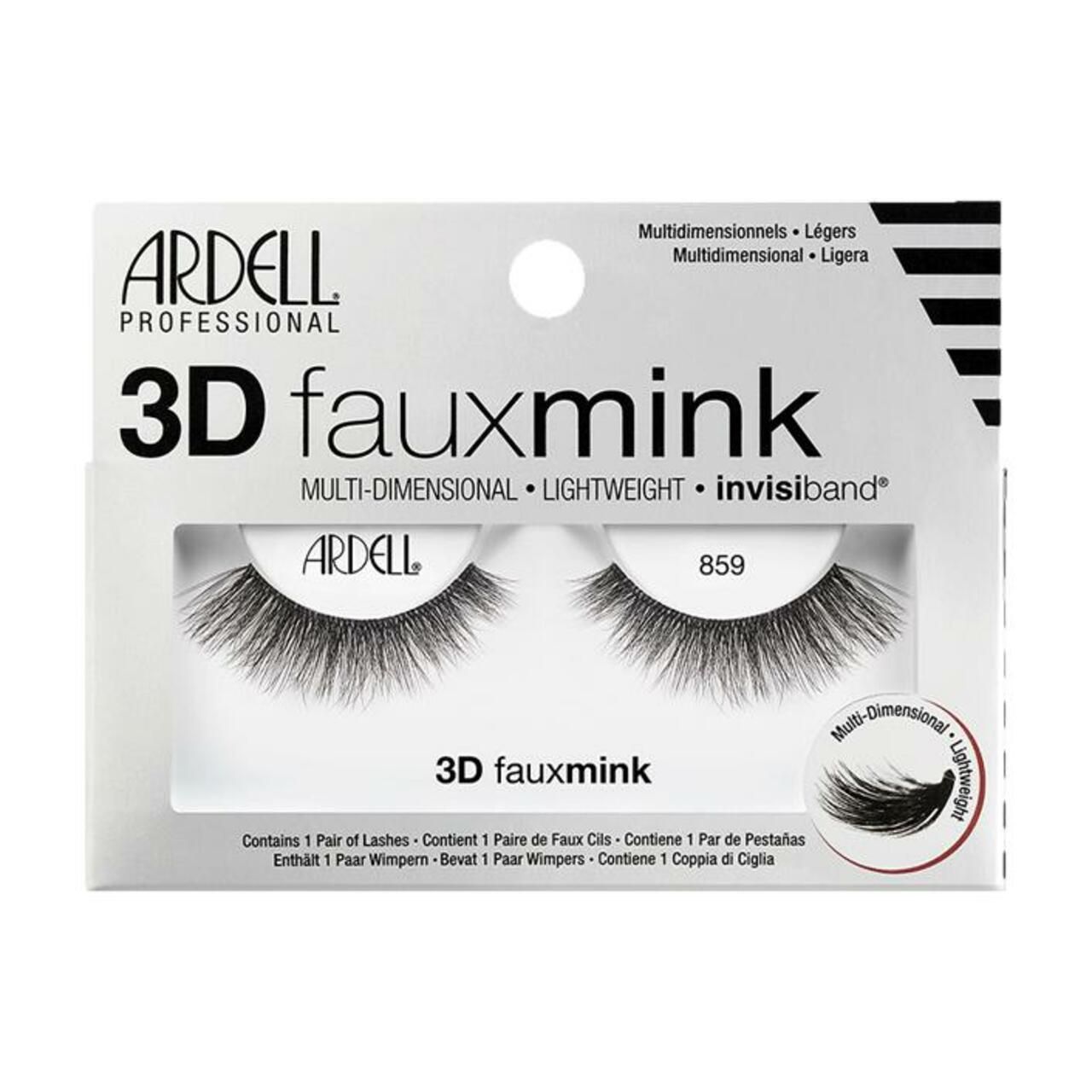 Verpackung mit künstlichen Wimpern. Marke ARDELL, 3D Faux Mink. Enthält zwei Wimpernpaare. Aufschrift: 3D fauxmink, 859.