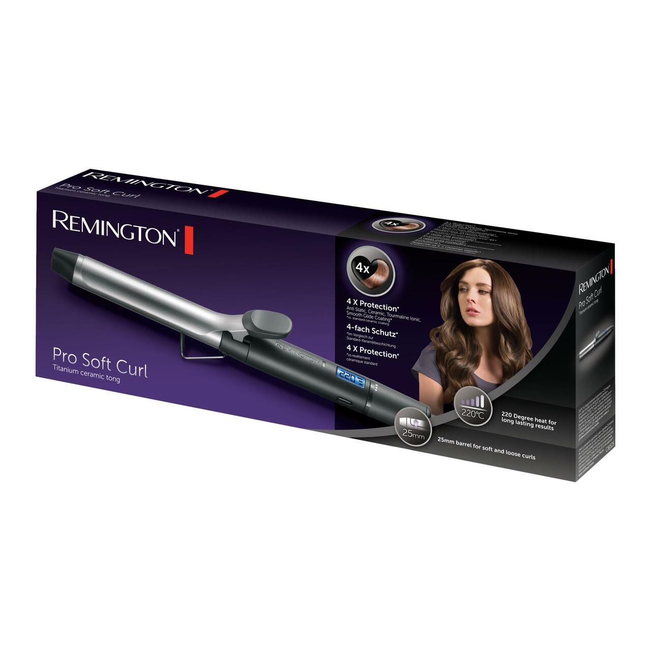 Verpackung mit Lockenstab. Marke Remington. Produktname: Pro Soft Curl. Abbildung einer Frau mit Locken.