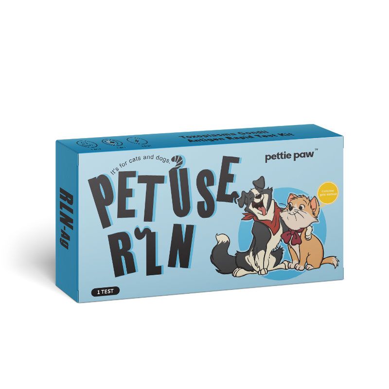 Hellblaue Schachtel mit Aufschrift PETUSE Rln. Abbildung von Hund und Katze. Text: 1 Test.