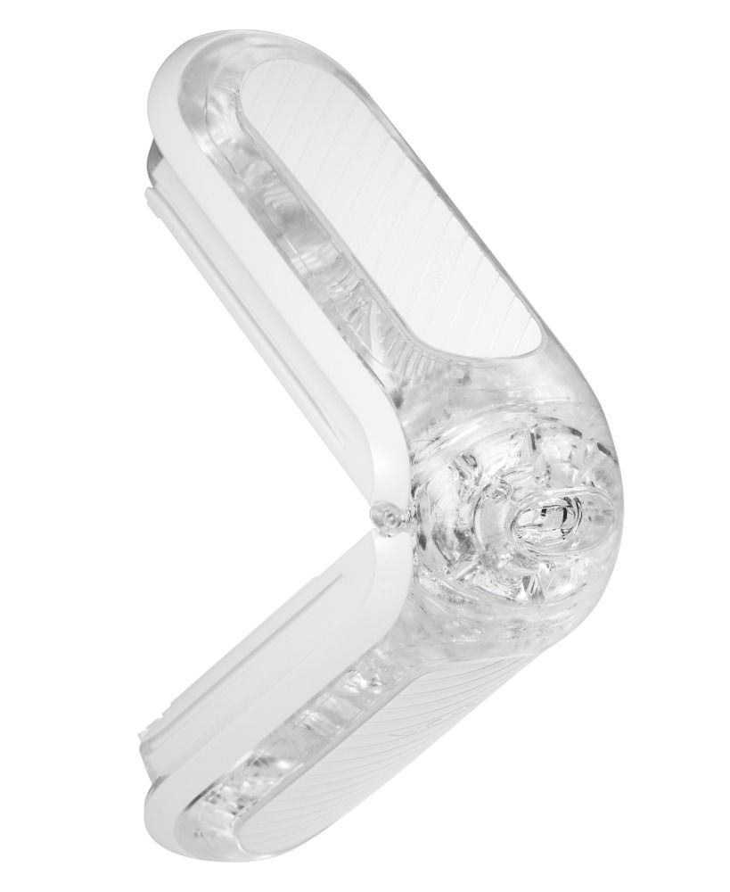 Weißes, klappbares Produkt mit transparentem Innenbereich. Geöffnet, zeigt Innenseite.