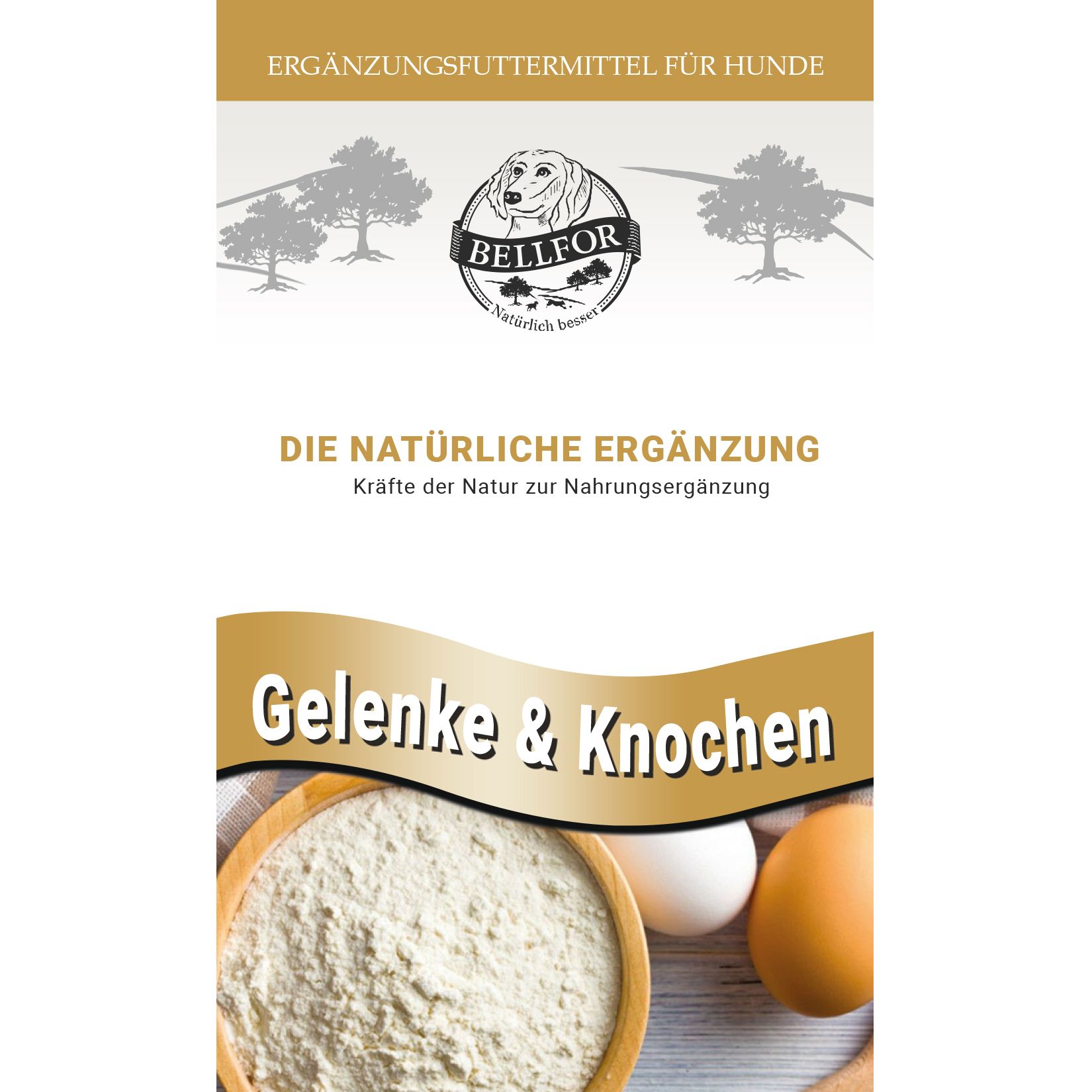 Produktverpackung mit "Gelenke & Knochen" und "Bellfor" Logo. Abbildung von Mehl, Eiern und einer Holzschale.
