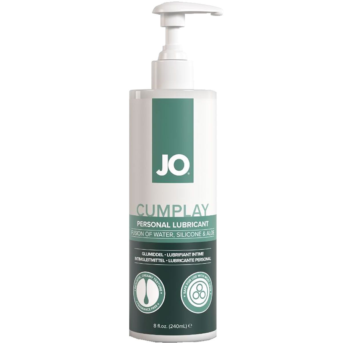 Flasche mit Pumpe. Aufschrift "JO CUMPLAY PERSONAL LUBRICANT". Enthält Wasser, Silikon und Aloe. 240ml.