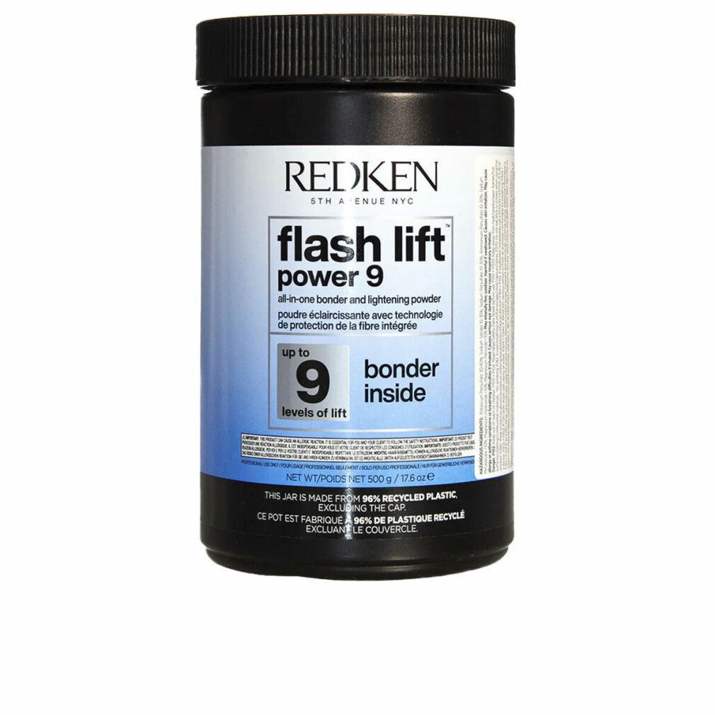 Schwarze Dose mit weißem Etikett. Text: Redken, Flash Lift Power 9, bonder inside. Enthält Pulver.