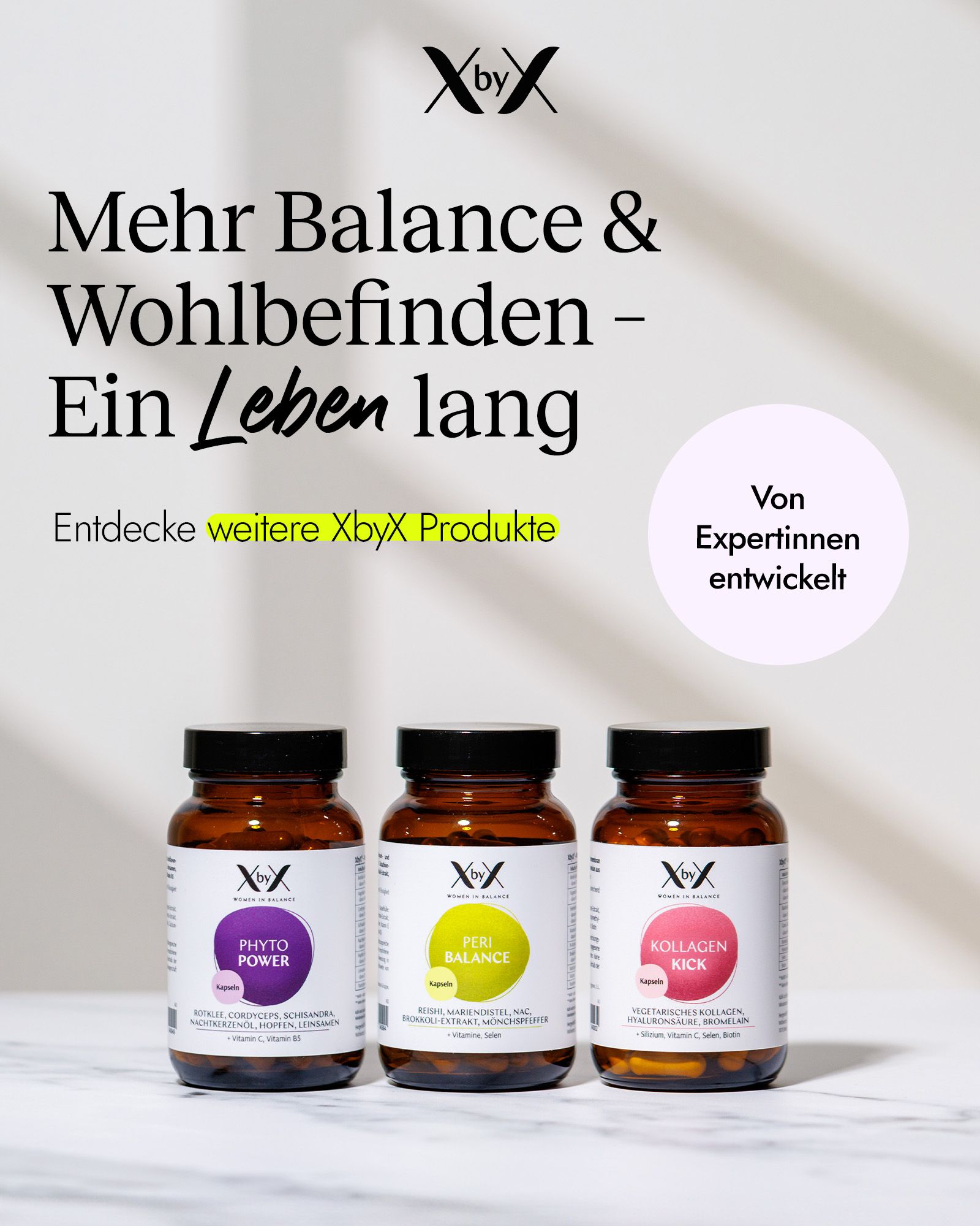 Drei XbyX Flaschen: Peri Balance, Phyto Power, Kollagen Kick.