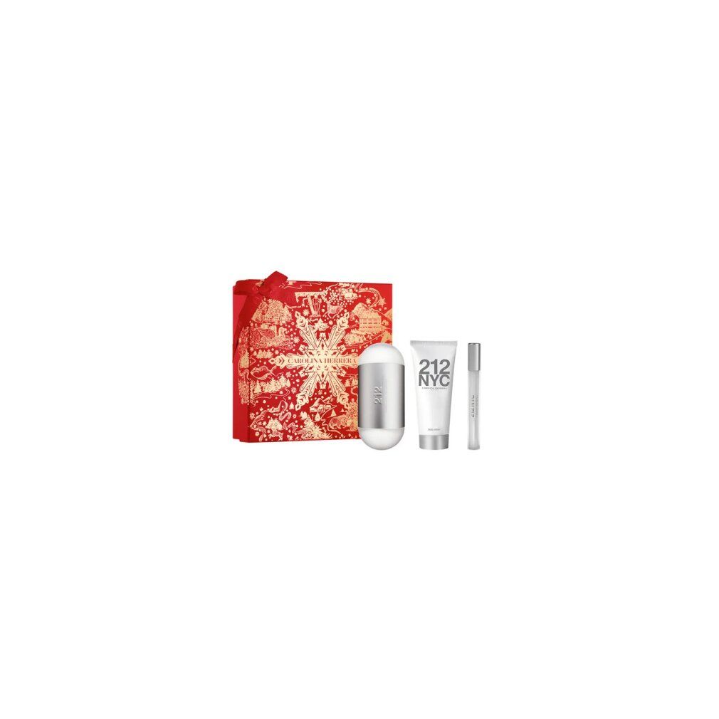 Geschenkset mit roter Weihnachtstasche, silbernem Deodorant und weißer Tube mit Aufdruck "212 NYC".