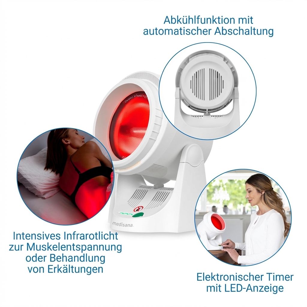 Infrarotlampe mit Kühlfunktion, Timer und Anwendungshinweisen.