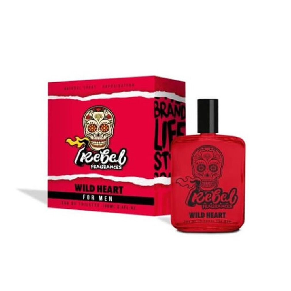 Roter Flakon und Karton für Rebel Wild Heart for Men Eau de Toilette mit Totenkopf-Design.