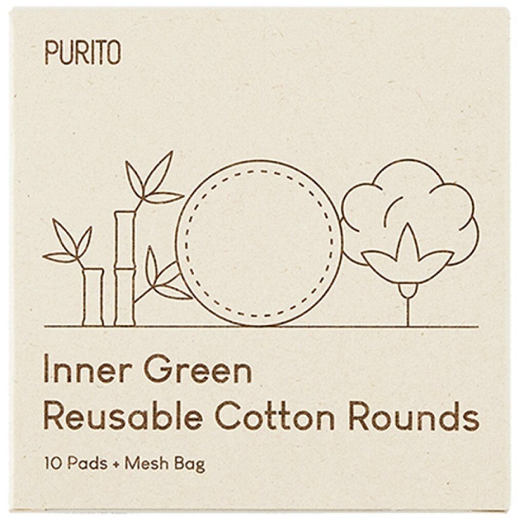 Quadratische Verpackung mit Produktabbildung und Schriftzug. Text: PURITO, Inner Green Reusable Cotton Rounds, 10 Pads + Mesh Bag.