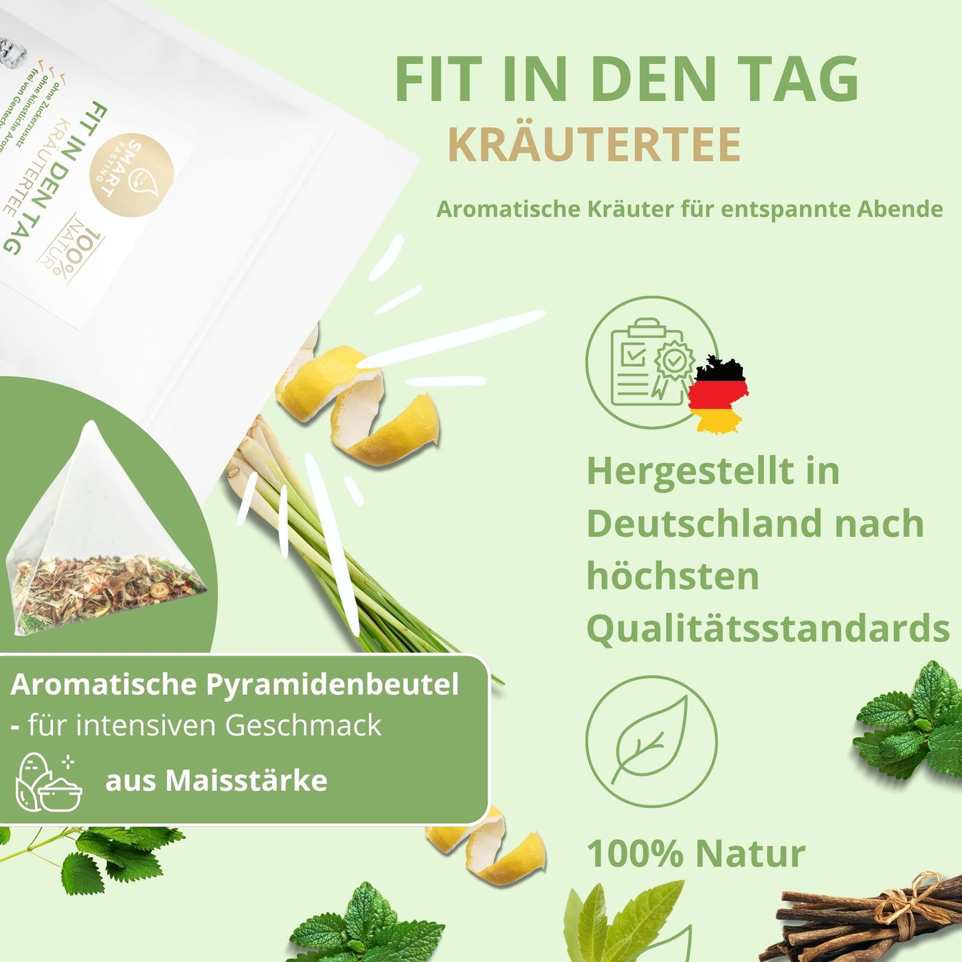 Weißer Beutel mit Kräutertee, Pyramidenbeutel, Kräuter, Logo Smart Fasting. Text: Hergestellt in Deutschland, 100% Natur.