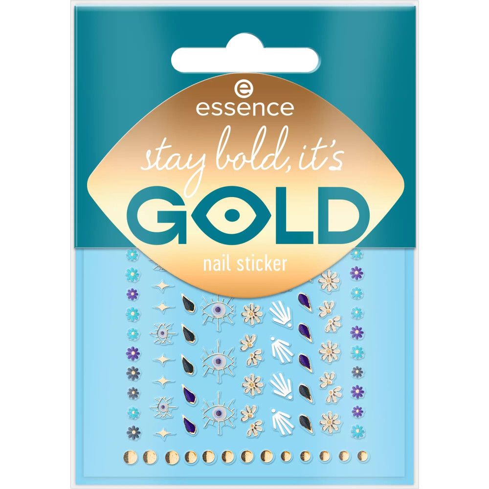 Nagelsticker-Packung mit goldenen, blauen und weißen Designs. Marke: Essence. Text: Stay Bold, It's Gold Nagelsticker.