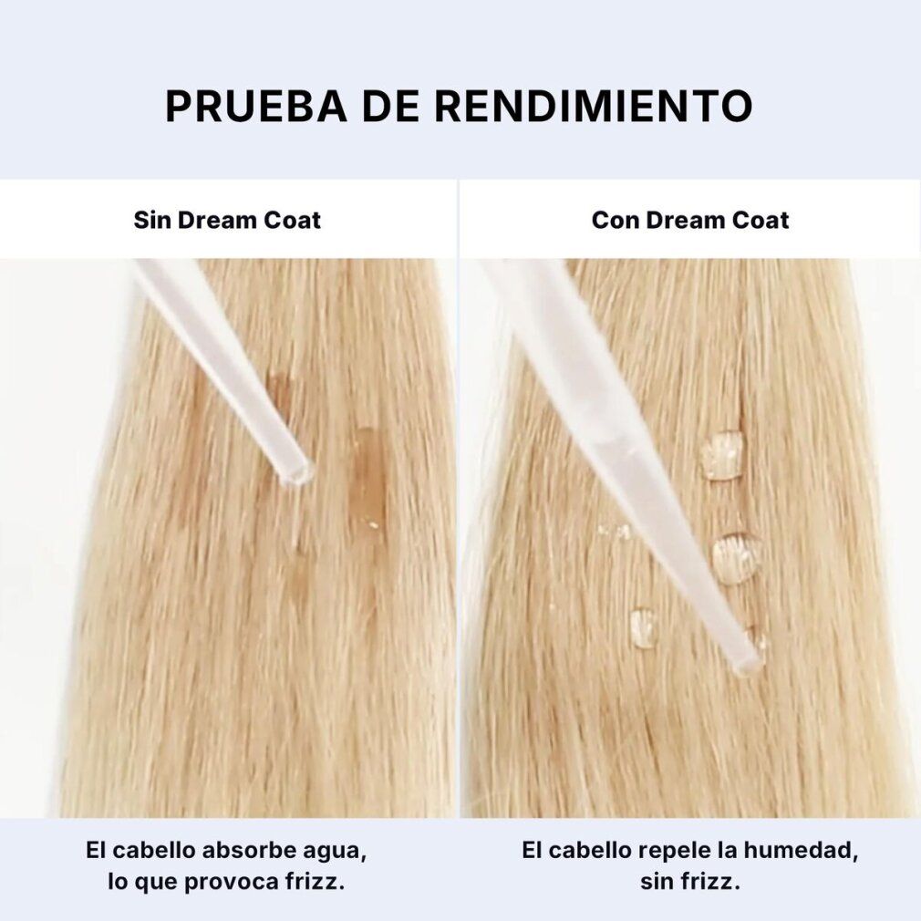Zwei Haarsträhnen, eine mit Wasser, die andere ohne. Text: "El cabello absorbe agua, lo que provoca frizz" und "El cabello repele la humedad, sin frizz".
