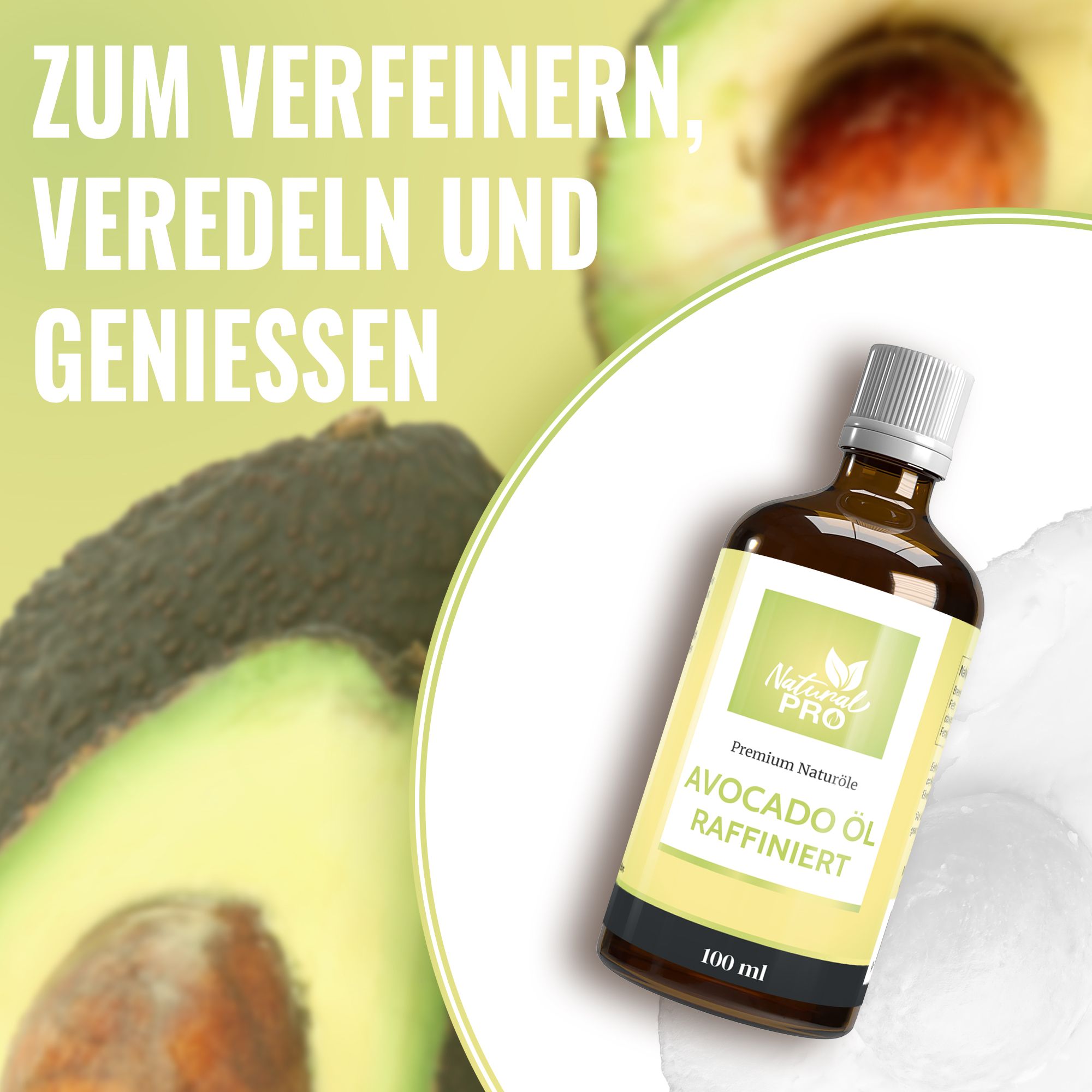 Glasflasche Avocado Öl vor Avocado-Hintergrund. Text: Zum Verfeinern, Veredeln und Genießen.