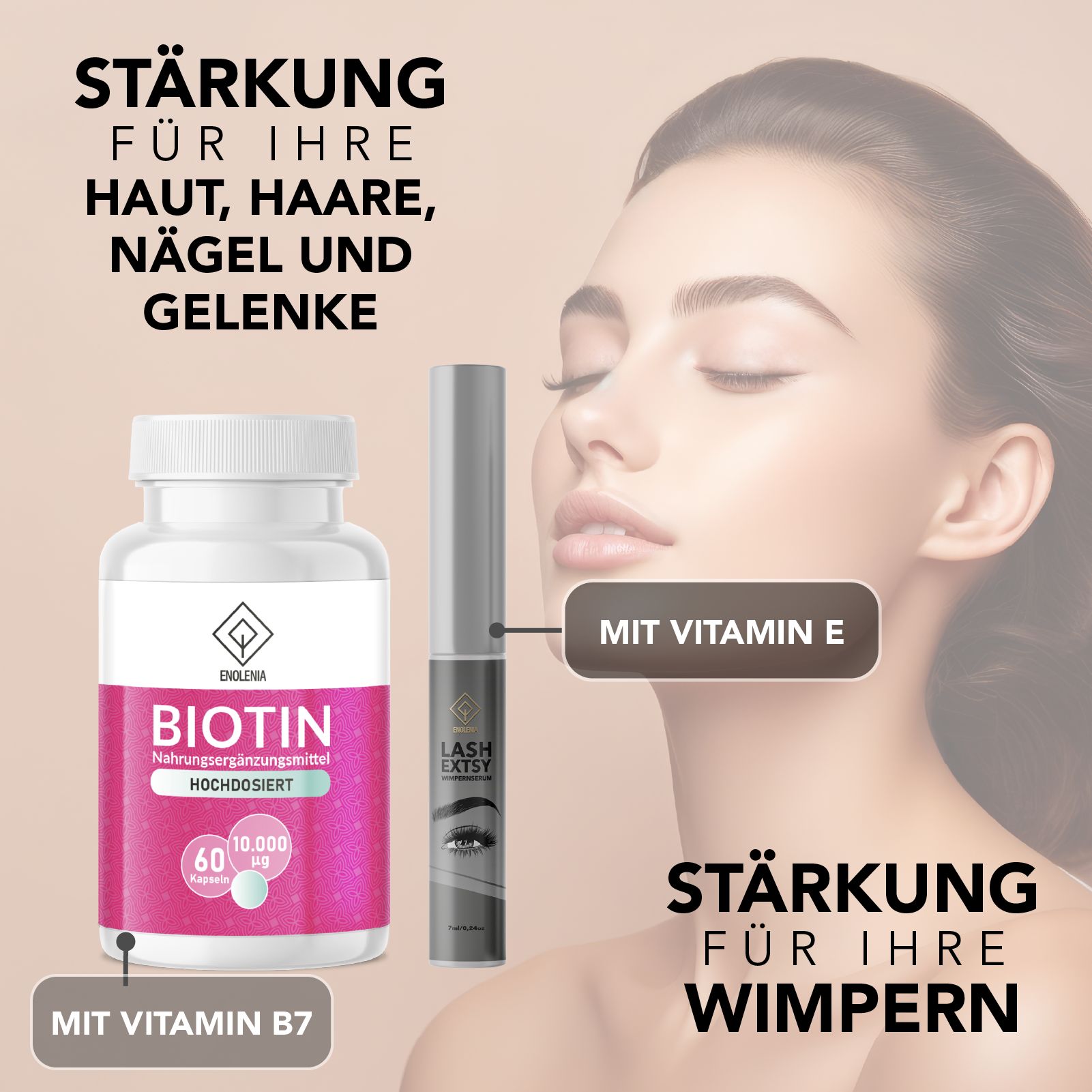 Biotin-Kapseln und Wimpernserum neben Frau. Weiße Kapsel-Dose mit pinkfarbenem Etikett. Graue Serum-Tube. Text: Stärkung für Haut, Haare, Nägel.