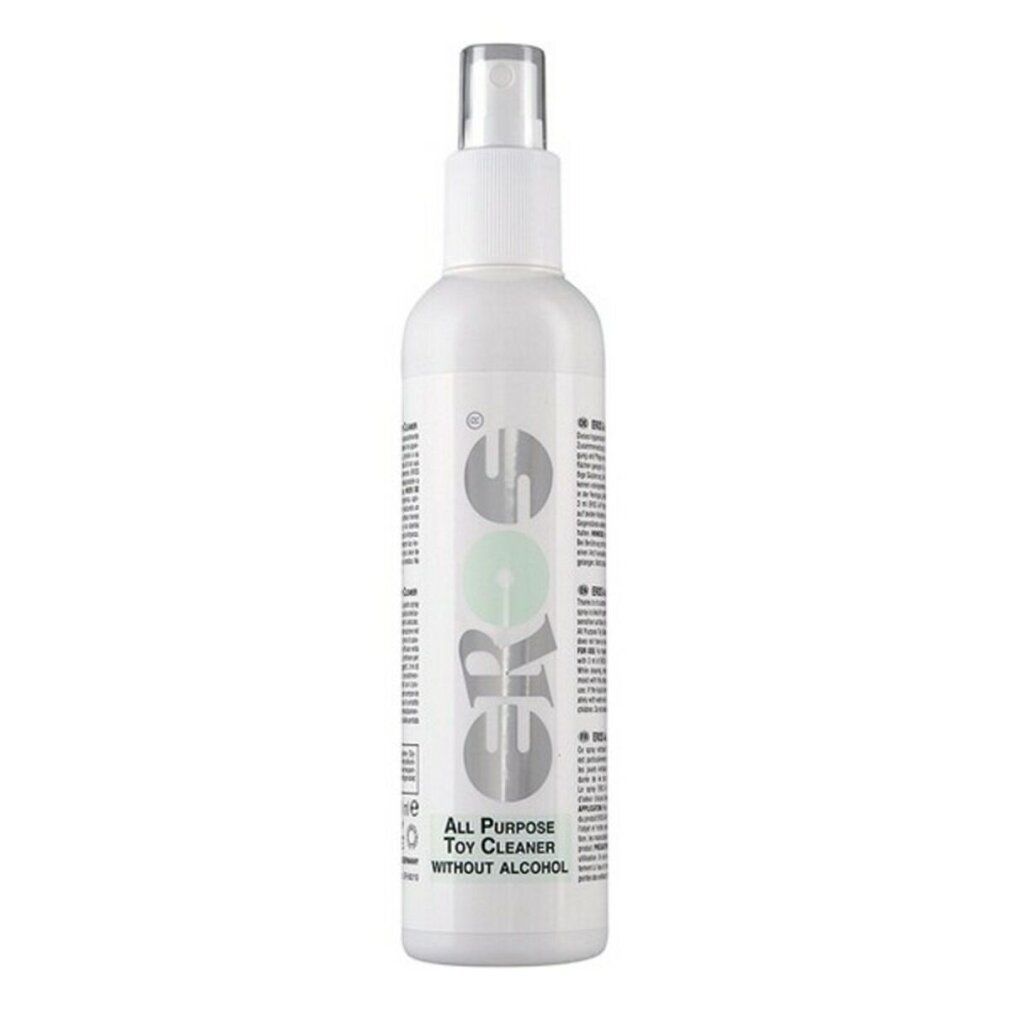 Weiße Sprühflasche mit "EROS"-Logo und Text "All Purpose Toy Cleaner without alcohol".