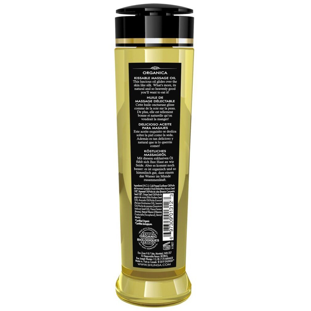 Rückseite einer zylindrischen Flasche Massageöl. Text in mehreren Sprachen. Schwarzer Deckel, gelbes Öl.