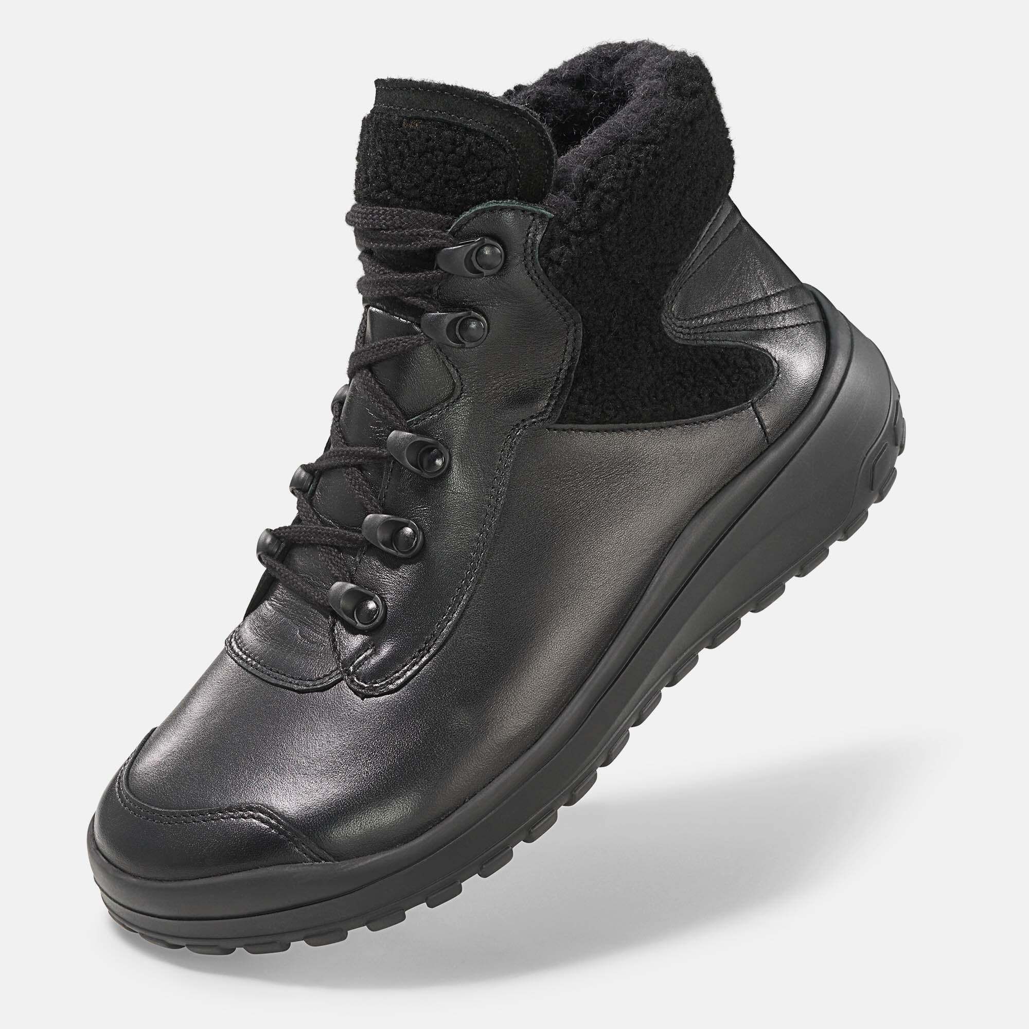 Schwarzer Leder-Winterstiefel mit Lammfellfutter und Schnürung.