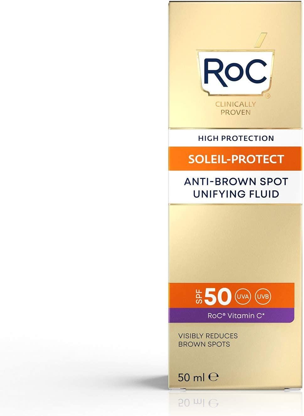 Verpackung RoC Soleil-Protect. Text: Anti-Flecken, UVA/UVB-Schutz, SPF 50. Produktname und Logo deutlich sichtbar.