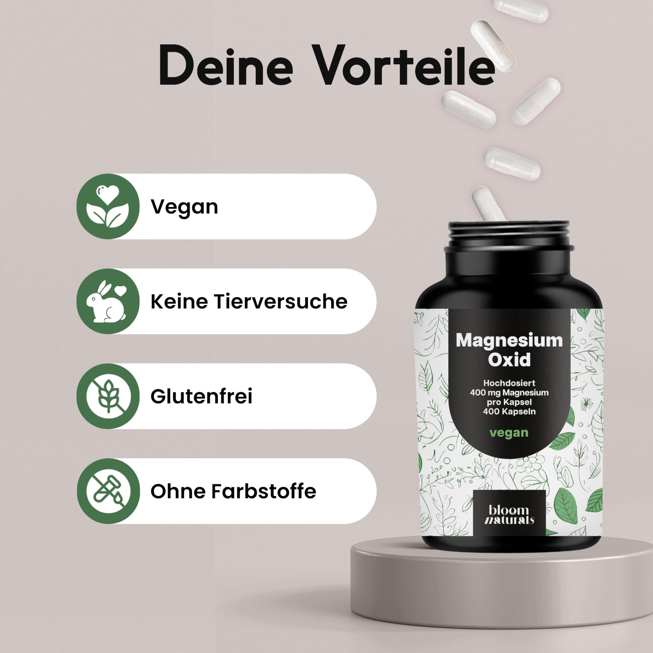Produktflasche mit Text: Magnesium Oxid, 400 mg Magnesium pro Kapsel, 400 Kapseln, vegan. Icons: Vegan, keine Tierversuche, glutenfrei, ohne Farbstoffe.