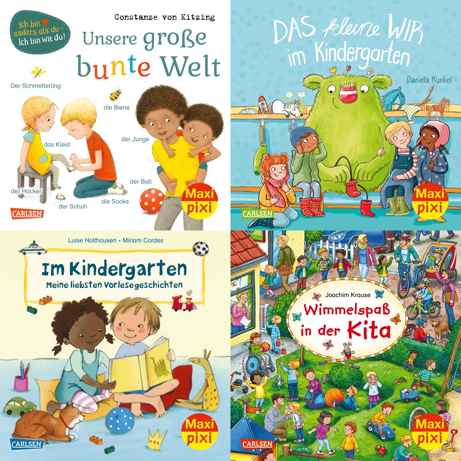 Vier Maxi-Pixi-Bücher. Titel: "Unsere große bunte Welt", "Das kleine WIR im Kindergarten", "Im Kindergarten", "Wimmelspaß in der Kita". Verlag: Carlsen.