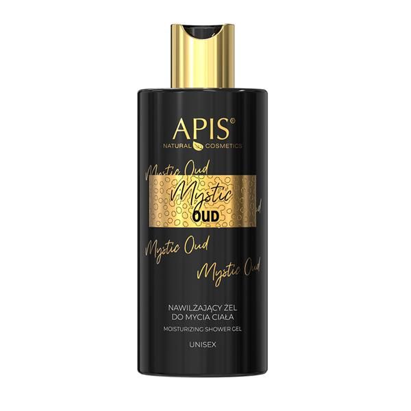 Schwarze Flasche mit goldfarbenem Verschluss. Aufschrift: APIS, Mystic Oud, Feuchtigkeitsspendendes Duschgel, Unisex.