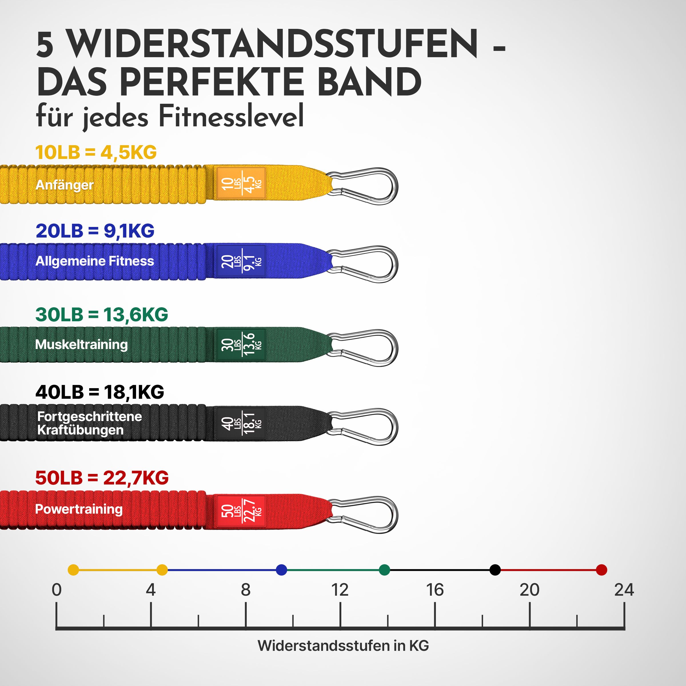 Infografik mit 5 Widerstandsstufen. Gelb, blau, grün, schwarz, rot. Text: Anfänger, Allgemeine Fitness, Muskeltraining, Fortgeschrittene, Powertraining.