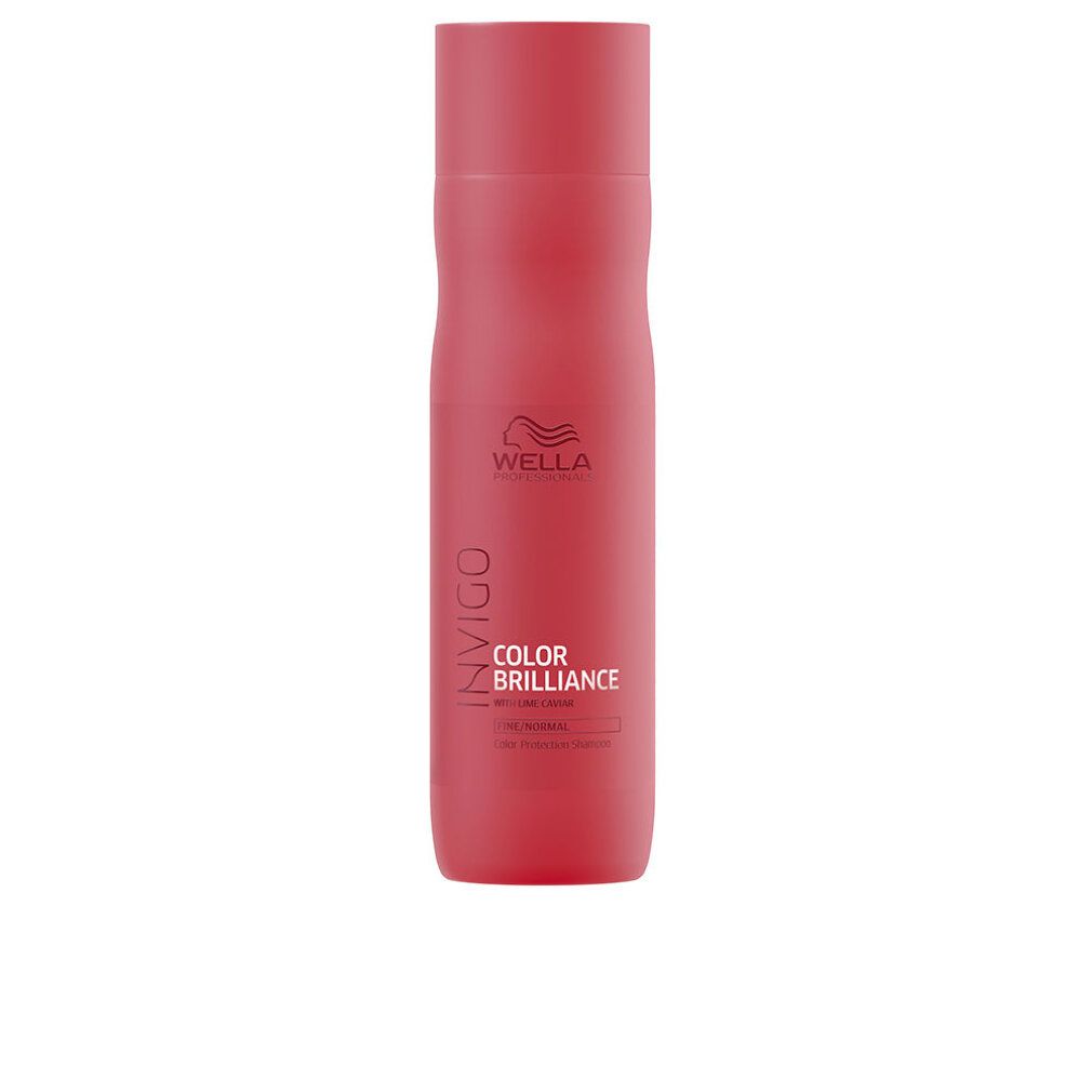 Rote Shampoo-Flasche. Aufschrift: Wella Invigo Color Brilliance. Vertikale Schrift: Invigo. Logo: Wella. Für feines Haar.