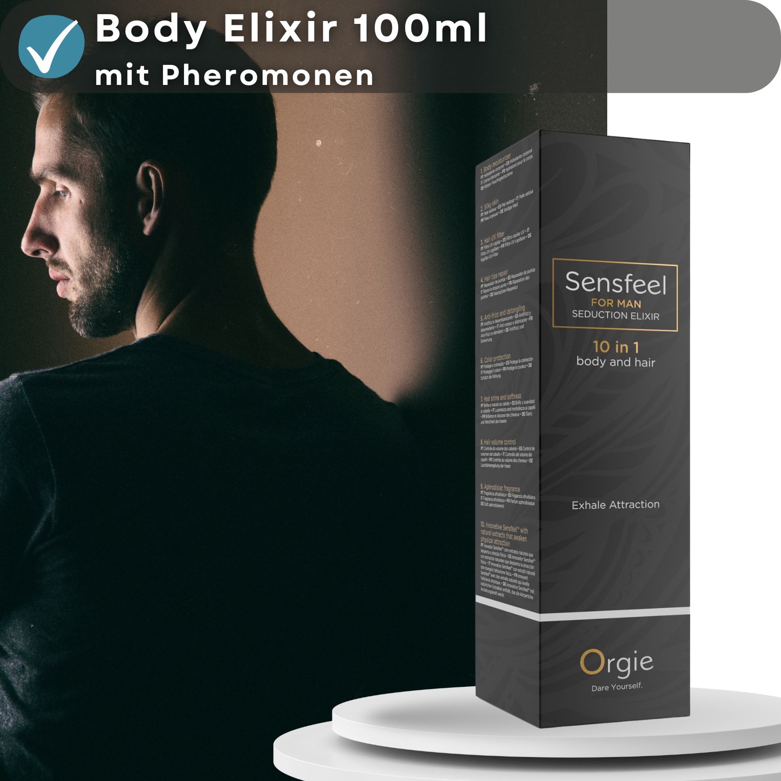Produktverpackung und Flasche. Text: Body Elixir 100ml, mit Pheromonen. Mann im Hintergrund.