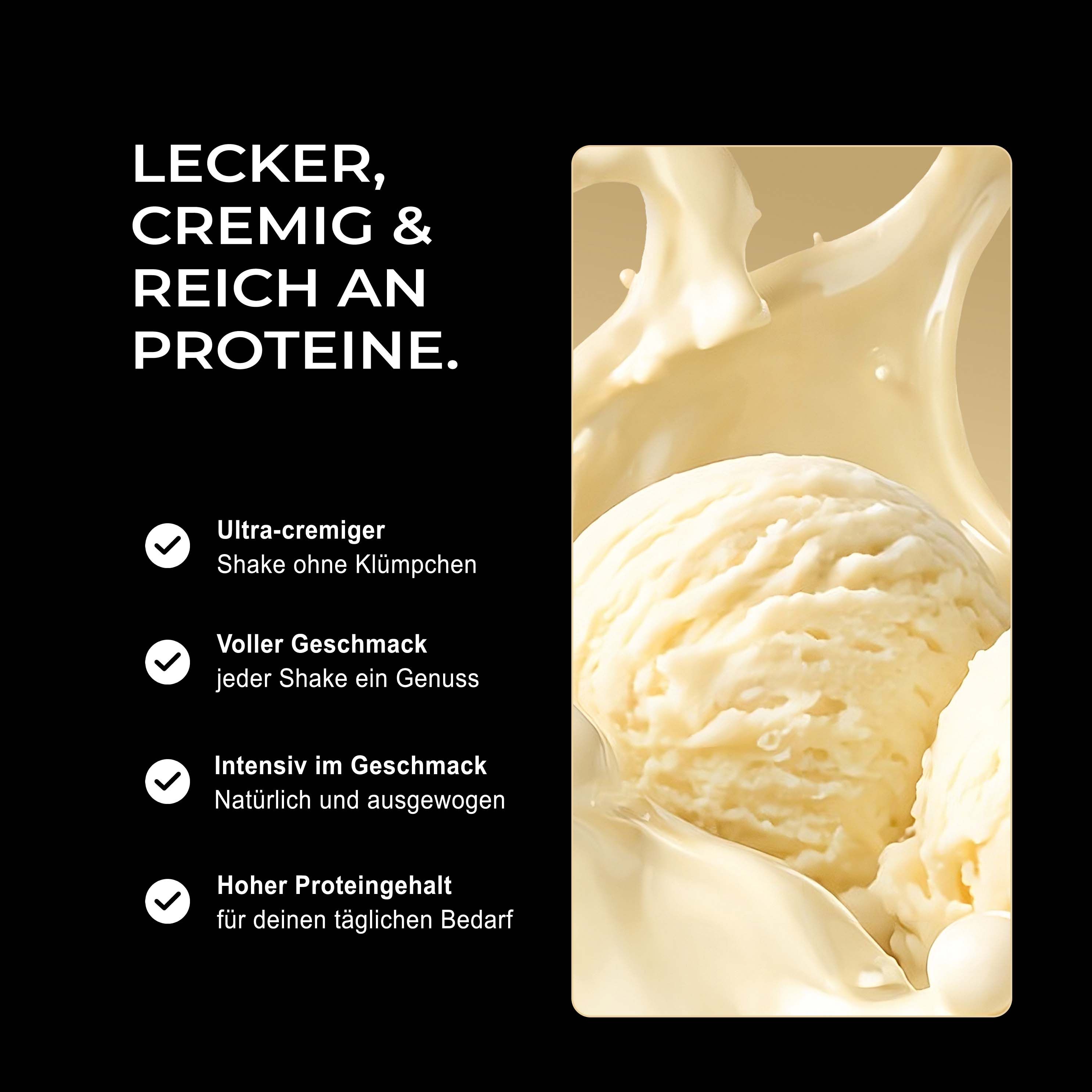Nahaufnahme von Neosupps Vision Whey Protein Pulver in einem cremigen Shake mit Eiscreme.